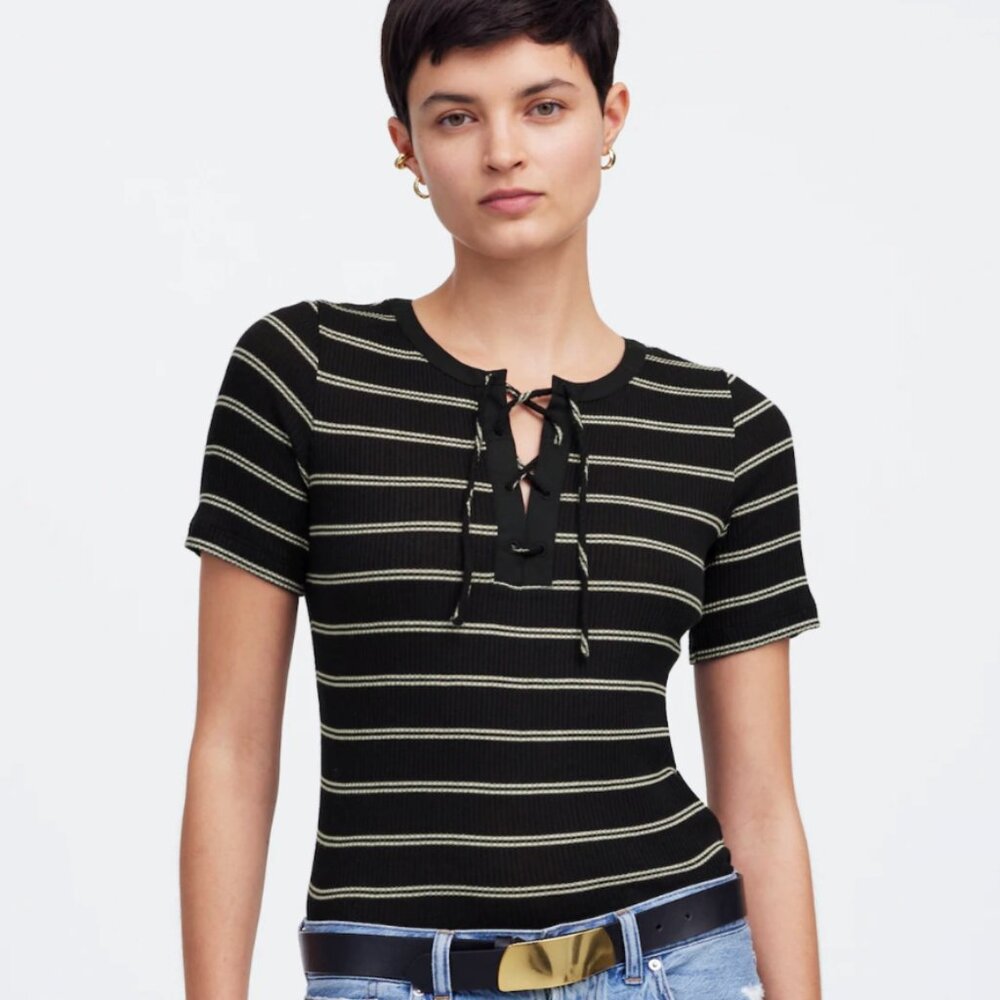 Madewell Ribbed Lace-Up Short-Sleeve Tee - In Jet Black
